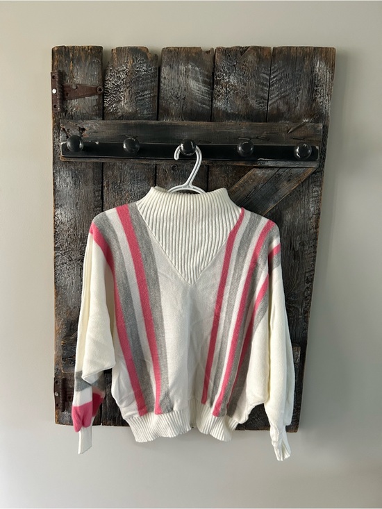 Universal Sweaters - Women's Vintage Universal Cream Stripe Mock Neck Sweater - Pink & Gray Accent